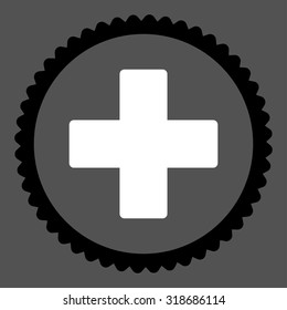 Plus round stamp icon. This flat vector symbol is drawn with black and white colors on a gray background.