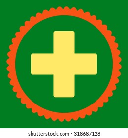 Plus round stamp icon. This flat vector symbol is drawn with orange and yellow colors on a green background.
