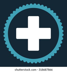 Plus round stamp icon. This flat vector symbol is drawn with blue and white colors on a dark blue background.
