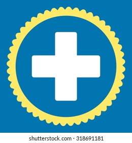Plus round stamp icon. This flat vector symbol is drawn with yellow and white colors on a blue background.