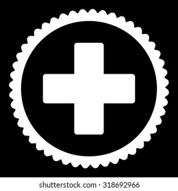Plus round stamp icon. This flat vector symbol is drawn with white color on a black background.