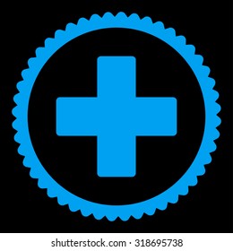 Plus round stamp icon. This flat vector symbol is drawn with blue color on a black background.