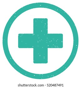 Plus rubber seal stamp watermark. Icon vector symbol with grunge design and dust texture. Scratched cyan ink sign on a white background.