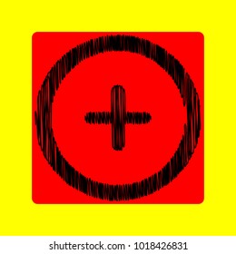 Plus sign in circle icon. Zoom in. Positive symbol. Vector. Black scribble icon in red container with rounded corners at yellow background. Isolated.