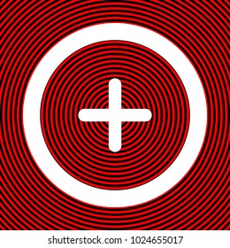 Plus sign in circle icon. Zoom in. Positive symbol. Vector. White icon on red and black radial pattern as background. Isolated.
