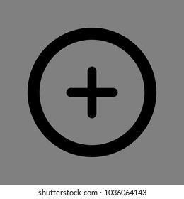 Plus sign in circle icon. Zoom in. Positive symbol. Vector. Black icon on medium gray background. Isolated.