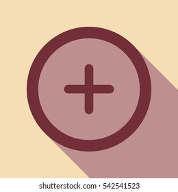 Plus sign in circle icon. Zoom in. Positive symbol. Wine color icon with rosy brown flat style shadow path on wheat background.