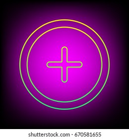 Plus sign in circle icon. Zoom in. Positive symbol. Vector. Yellow-green gradient linear icon on magenta light as background