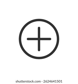 Sinal de mais em círculo, ícone linear. Adicionar, criar ou aumentar ação. Linha com traçado editável.