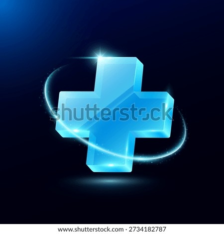 Plus sign or cross glass modern with glowing ring around on blue background. Medical health care. 3D Vector EPS10.