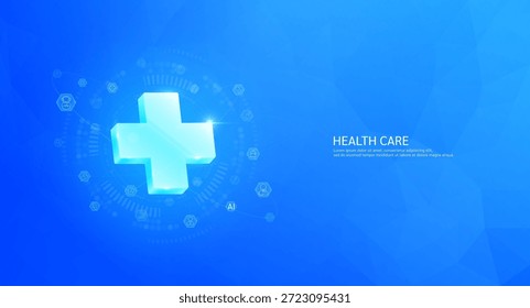 Sinal de adição ou anel de cruzamento brilhante. Ícones de ciência médica cercados. Sobre fundo azul. Conceito de assistência médica. Vetor 3D EPS10.