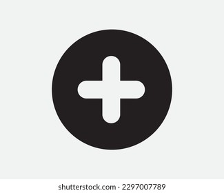 Plus Sign Cross Icon First Aid Add Addition Mathe Circle Round Hospital Symbol Schwarz-Weiß-Vektorgrafik Clipart Illustration