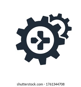 Plus Sign And Gears. Additional Technical Features. More Functions. Vector Icon Isolated On White Background.