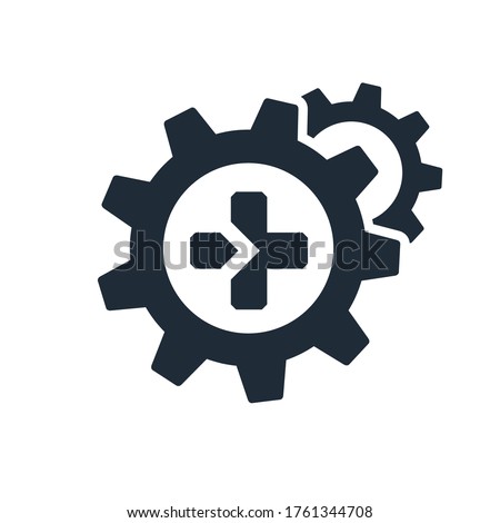 Plus sign and gears. Additional technical features. More functions. Vector icon isolated on white background.