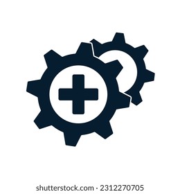 Plus sign and gears. The concept of additional technical capabilities. Vector icon isolated on white background.