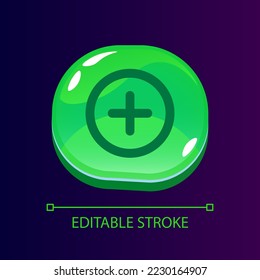 Plus sign glossy ui button with linear icon. Calculator control option. Mathematic action. Isolated user interface element for web, mobile, video game design. Editable stroke. Arial font used