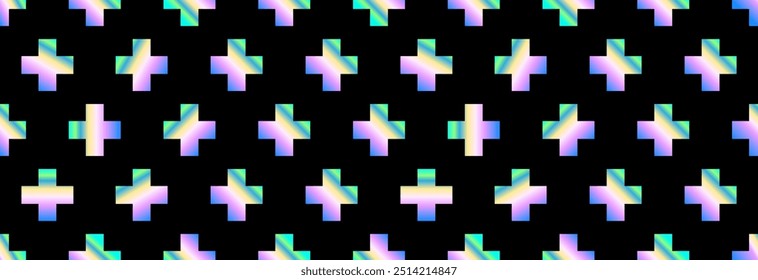 Sinal de adição com efeito holográfico. Elegante vetor cruzando ou sinal de mais em um plano de fundo preto. Padrão contínuo.
