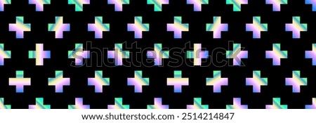 Plus sign with holographic effect. Stylish vector cross or plus sign on a black background. Seamless pattern.
