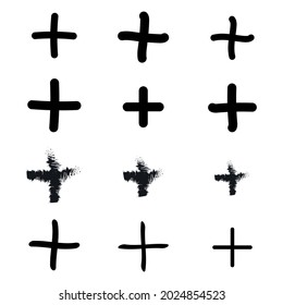 plus sign icon collection. 12 hand drawn add sign. mathematics symbols isolated on white background