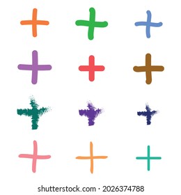 plus sign icon collection. 12 hand drawn add sign. mathematics symbols isolated on white background