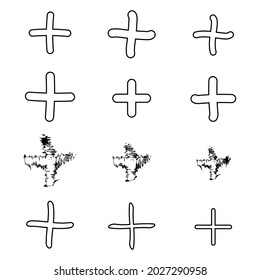 plus Symbol-Sammlung. 12 handgezeichnet Zeichen hinzufügen. Mathematische Symbole einzeln auf weißem Hintergrund