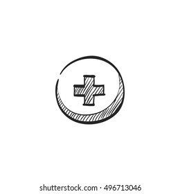 Plus sign icon in doodle sketch lines. Symbol add bookmark medical health care ambulance