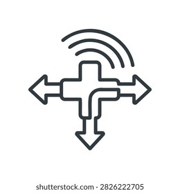Plus sign icon with four directional arrows and wifi signal waves representing connectivity and choice