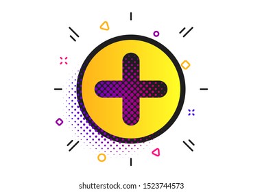 Plus sign icon. Halftone dots pattern. Positive symbol. Zoom in. Classic flat plus icon. Vector