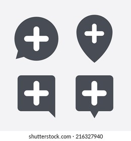 Plus sign icon. Positive symbol. Zoom in. Map pointers information buttons. Speech bubbles with icons. Vector