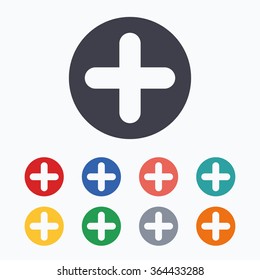 Plus sign icon. Positive symbol. Zoom in. Colored flat icons on white background.