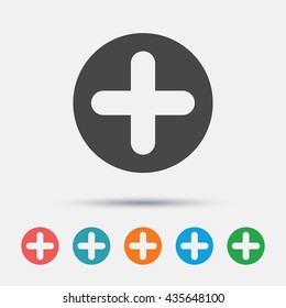 Plus sign icon. Positive symbol. Zoom in. Graphic element on white background. Colour clean flat plus icons. Vector