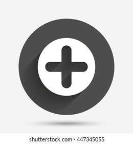 Plus sign icon. Positive symbol. Zoom in. Circle flat button with shadow. Vector