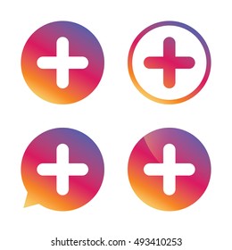 Plus sign icon. Positive symbol. Zoom in. Gradient buttons with flat icon. Speech bubble sign. Vector