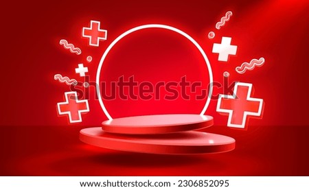Plus sign icon, scene mega sale, shopping podium banner, neon night pedestal. Vector illustration
