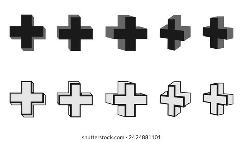 Plus sign icon set. 3d design vector illustration isolated on white background.
