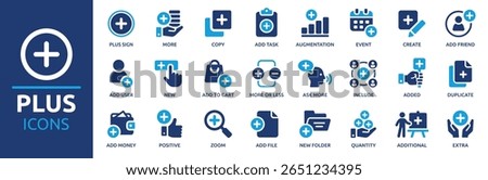 Plus sign icon set. Containing add, more, new, copy, augmentation, positive, create, zoom and more. Solid vector icons collection.