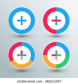 Plus sign icons. Plus sign buttons. Flat colors. Vector illustration.