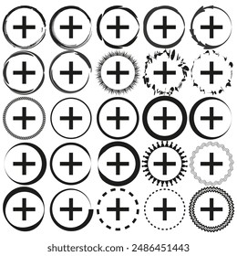 Iconos de signo más. Diseños de marco circular. Contornos negros variados. Ilustración vectorial.