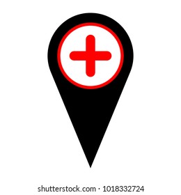 Plus sign illustration. Vector. Flat white icon in red circle at black marker on white background. Isolated.
