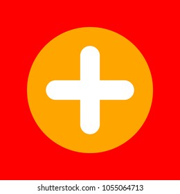 Plus sign illustration. Vector. Orange icon with white holes if exist at red background. Isolated.