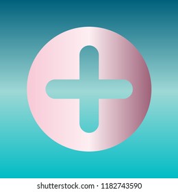 Plus sign illustration. Vector. Pink bronze gradient icon at turquoise gradient background.