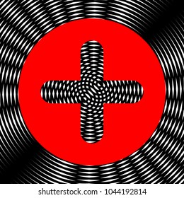 Plus sign illustration. Vector. Red icon on white and black radial interference as background.