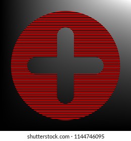 Plus sign illustration. Vector. Striped red and black icon at gradient blackish background. Zebra.