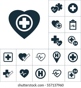 plus sign inside heart icon, medical signs set on white background