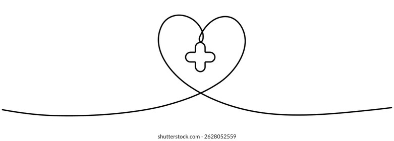 Plus sign inside heart shape continuous line drawing. Medicine health care concept. Vector illustration isolated on white.