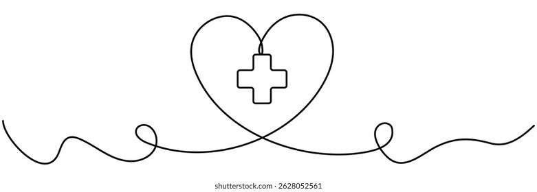 Sinal de adição no interior do coração forma desenho de linha contínua. Conceito de tratamento médico. Ilustração vetorial isolada em branco.