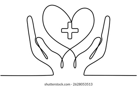 Plus sign inside heart shape in hands continuous line drawing. Medicine health care concept. Vector illustration isolated on white.