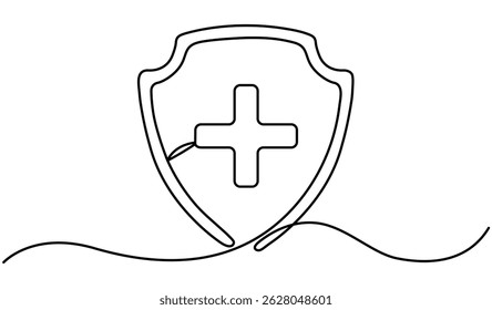 Pluszeichen innen Schild durchgehende Linie Zeichnung. Krankenversicherungskonzept. Vektorgrafik einzeln auf Weiß.
