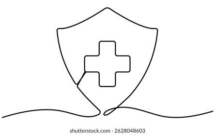 Además, muestra el dibujo de línea continua de la insignia del escudo interior. Concepto de seguro de salud. Ilustración vectorial aislada en blanco.