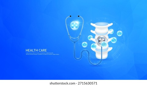 Signo más dentro del estetoscopio en el modelo de disco espinal. Rodeado de iconos médicos. Concepto de chequeo de salud del hueso. Vector 3D EPS10.